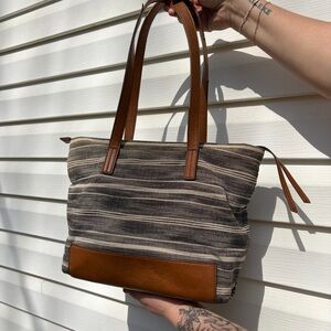 Fossil Striped Canvas Tote Bag purse with Brown Leather Trim - Neutral